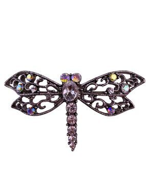 Vintage Silver Tone Dragonfly Brooch With Marcasite & Aurora Borealis Stones